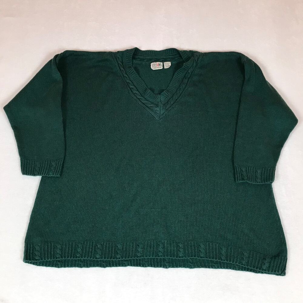 Vintage Stefano Green Oversize Cable Chunky Heavy Knit V Neck Sweater